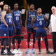 Zach Lavine #5, Jrue Holiday #12, Bam Adebayo #13, Kevin Durant #7, Damian Lillard #6 and Head Coach Gregg Popovich of Team United States of America look on in disbelief during their game against France in Men’s Preliminary Round Group B action on day two of the Tokyo 2020 Olympic Games at Saitama Super Arena on July 25, 2021 in Saitama, Japan.